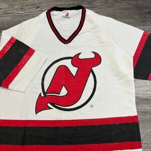 Vintage 80s 90s New Jersey Devils Mens L‎ V-Neck Ice Hockey Jersey T-Shirt USA